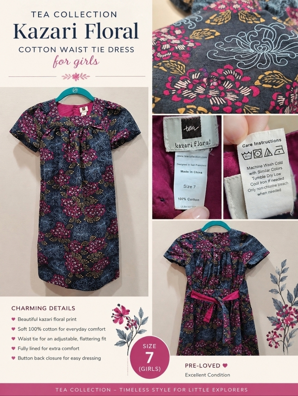 Tea Collection Kazari Floral Cotton Waist Tie Girls Dress - Sz 7 (Girls)